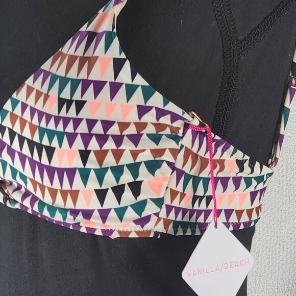 Vanilla/Beach Purple Multi Color Triangle Print Lined Nylon Span Bikini Top Sz M - Picture 7 of 16